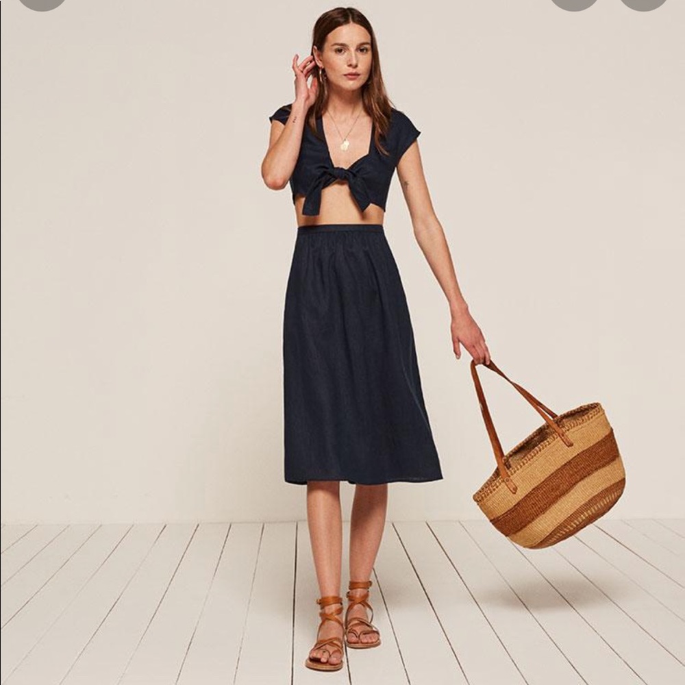 Reformation Navy Crop Top & Skirt Set
